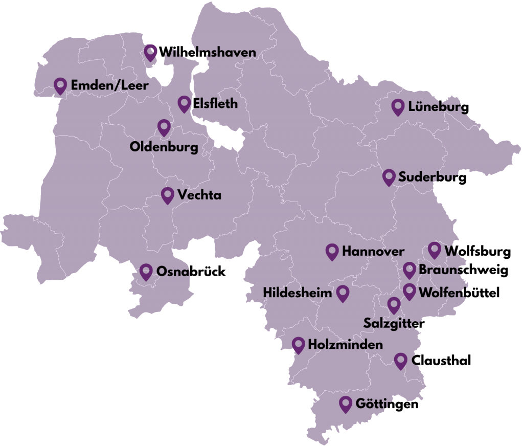 Landkarte von Niedersachsen mit Standorten öffentlicher niedersächsischer Hochschulen. Die Standorte sind auch unter Beauftragte für Studierende mit Behinderungen oder chronischen Erkrankungen zu finden.
